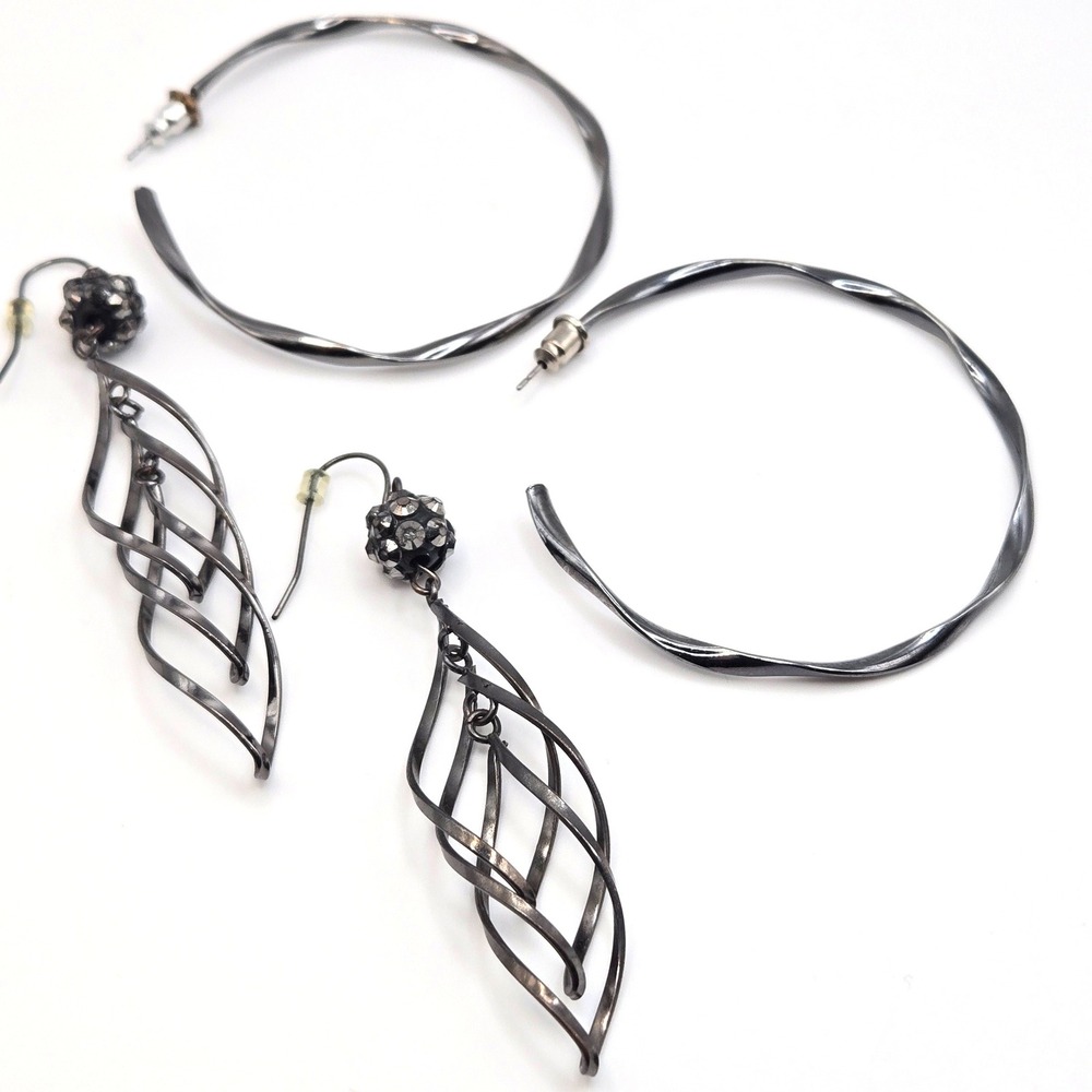Two Pair of Gunmetal Earrings Twisted‎ Hoop and Leaf Drop Set Rhinestone Accents